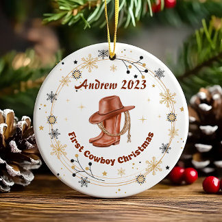 Personalized Baby Cowboy First Christmas Ceramic Ornament
