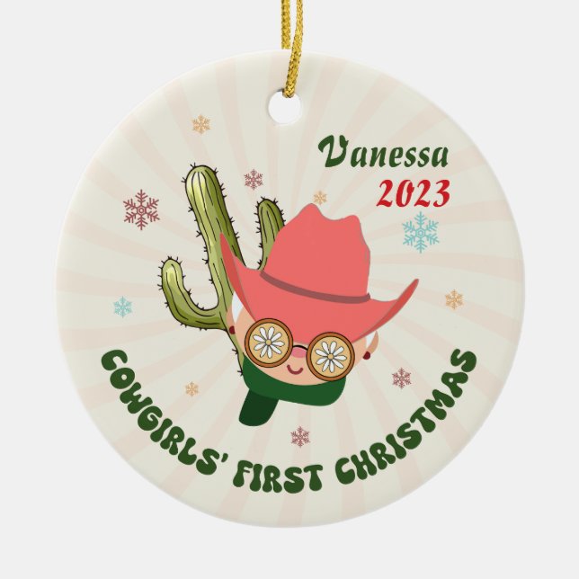 Personalized Baby Cowgirl First Christmas Ceramic Ornament (Front)