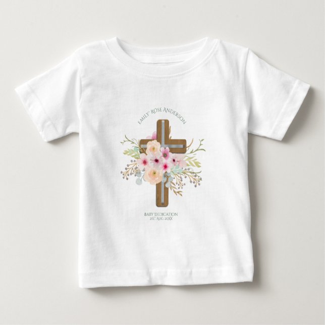 Personalized BABY Dedication Floral Cross Baby T-Shirt (Front)
