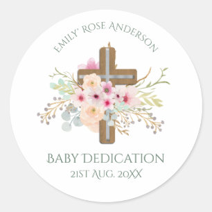 Personalized BABY Dedication Floral Cross Classic Round Sticker