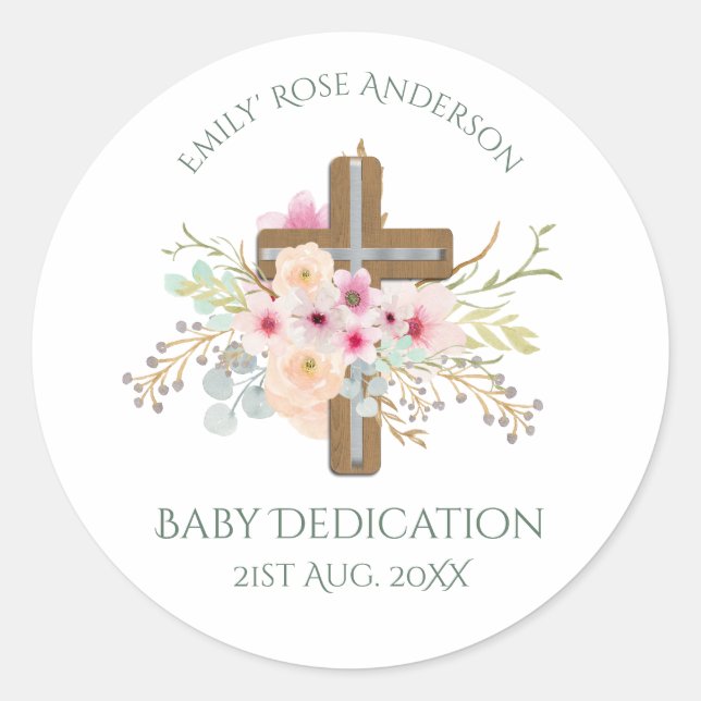Personalized BABY Dedication Floral Cross Classic Round Sticker (Front)