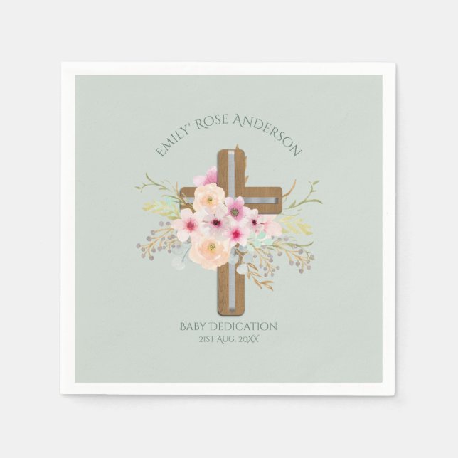 Personalized BABY Dedication Floral Cross Napkins (Front)