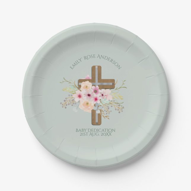 Personalized BABY Dedication Floral Cross Paper Plates (Front)