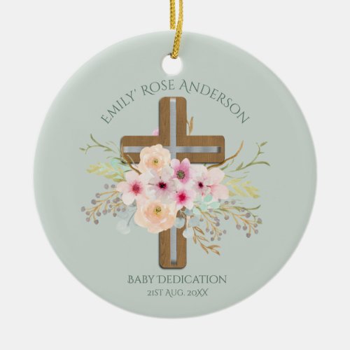 Personalized BABY Dedication Floral Cross PHOTO Ceramic Ornament