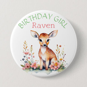 Personalized Baby Deer in Flowers Birthday Girl Button