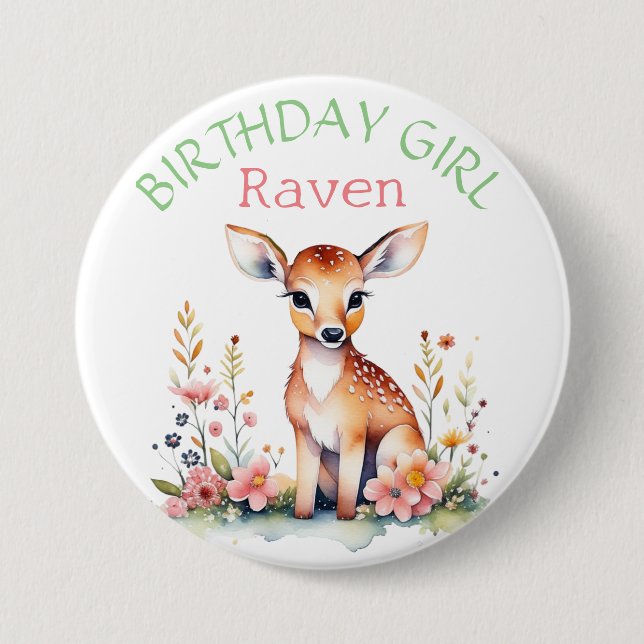 Personalized Baby Deer in Flowers Birthday Girl Button (Front)