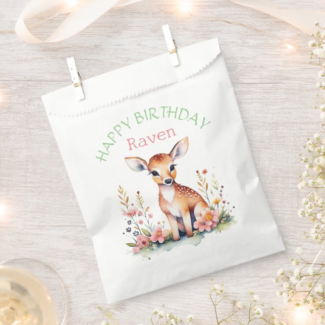 Personalized Baby Deer in Flowers Girl's Birthday  Favor Bag (Clipped)