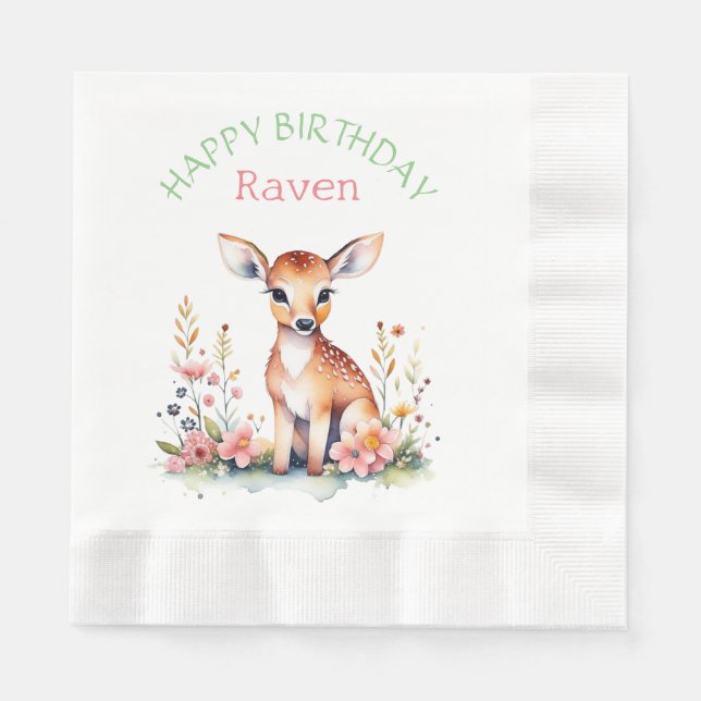 Personalized Baby Deer in Flowers Girl's Birthday  Napkins (Front)