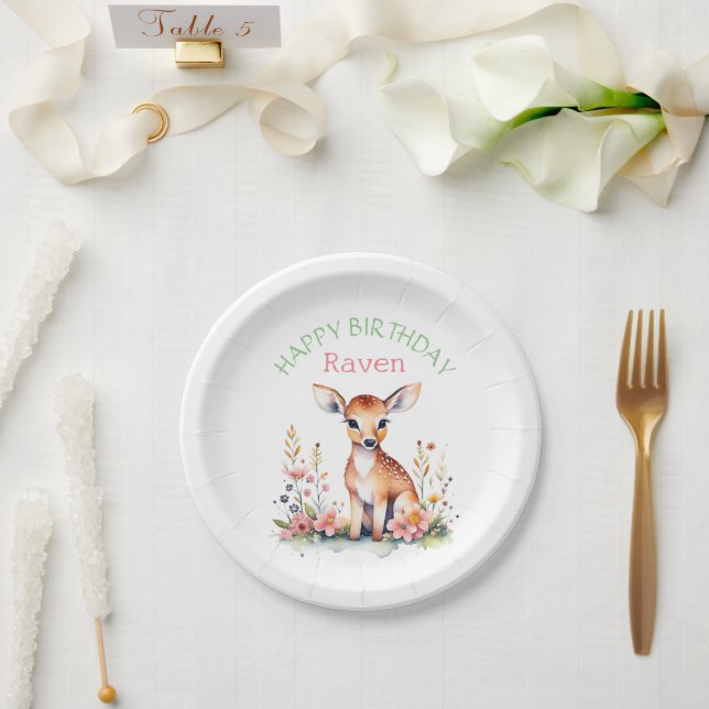 Personalized Baby Deer in Flowers Girl's Birthday  Paper Plates (Wedding)
