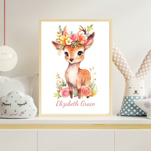 Personalized Baby Deer Pink Florals Nursery Wall  Poster