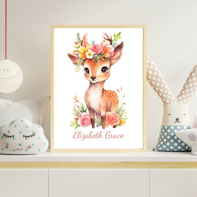 Personalized Baby Deer Pink Florals Nursery Wall  Poster (Baby Deer Pink Florals Watercolor Personalized Nursery Wall Art Poster Print)