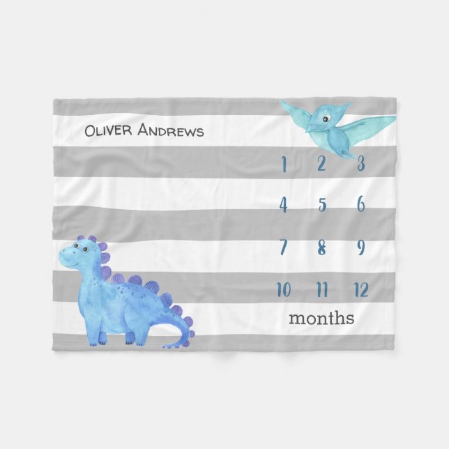 Personalized Baby Dinosaur Milestone Photo Fleece Blanket (Front (Horizontal))