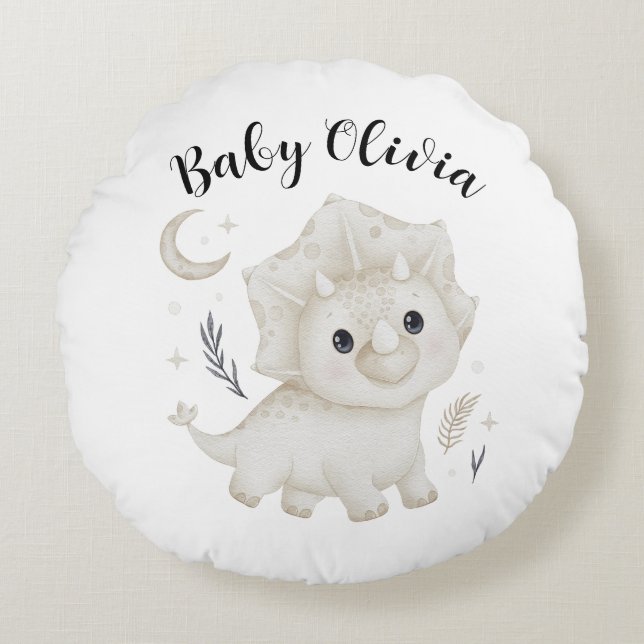 Personalized Baby Dinosaur Round Nursery Pillow (Front)