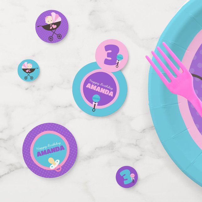 Personalized Baby Doll Birthday Party Decoration Confetti (Baby Doll Birthday Personalized Table Confetti in Pink, Purple and Teal Blue)