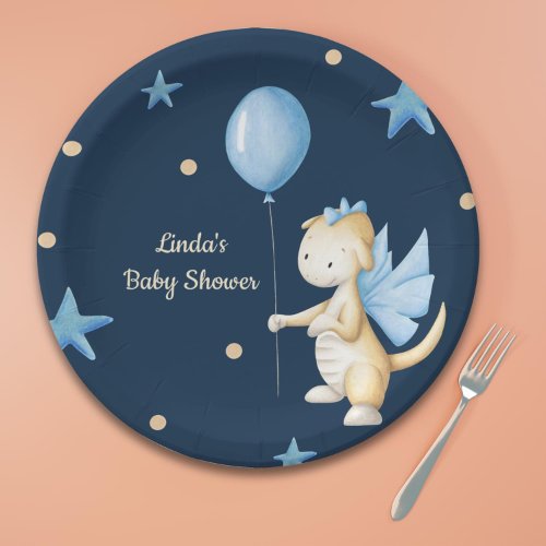 Personalized Baby Dragon with Balloon Baby Shower Paper Plates