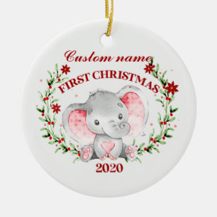 Personalized Baby Elephant 2020 first Christmas Ceramic Ornament