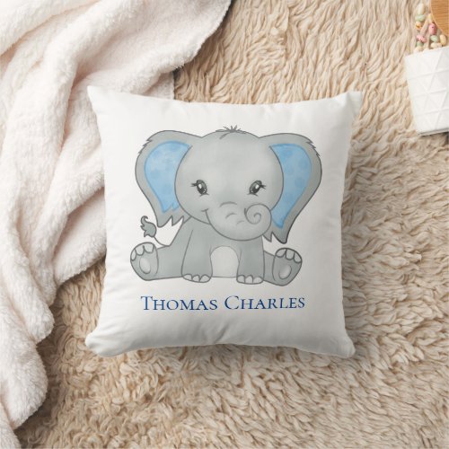 Personalized Baby Elephant Blue Gray Nursery  Throw Pillow