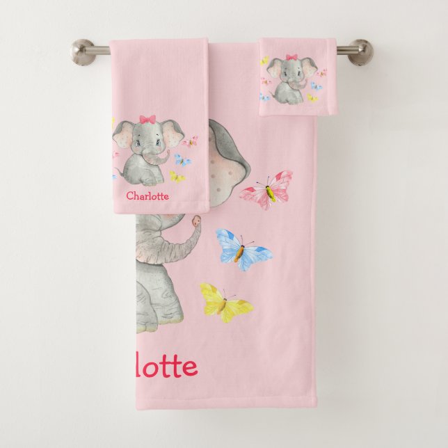 Personalized Baby Elephant Girls Pink   Bath Towel Set (Insitu)