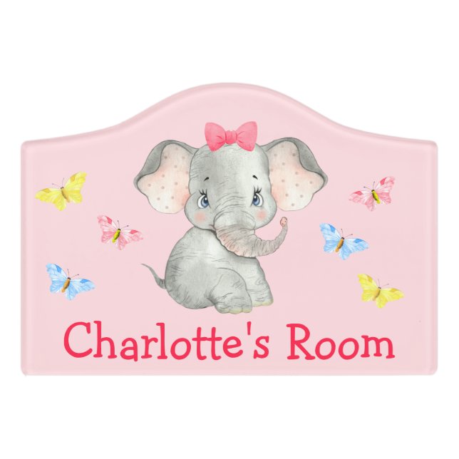 Personalized Baby Elephant Girls Pink Bedroom Sign (Small Crest Front)