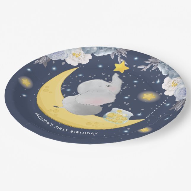 Personalized Baby Elephant on Moon Paper Plates (Angled)