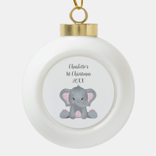 Personalized Baby Elephant Pink Baby 1st Christmas Ceramic Ball Christmas Ornament