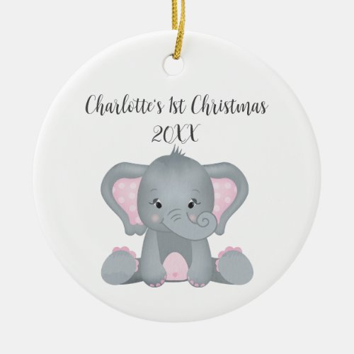 Personalized Baby Elephant Pink Baby 1st Christmas Ceramic Ornament