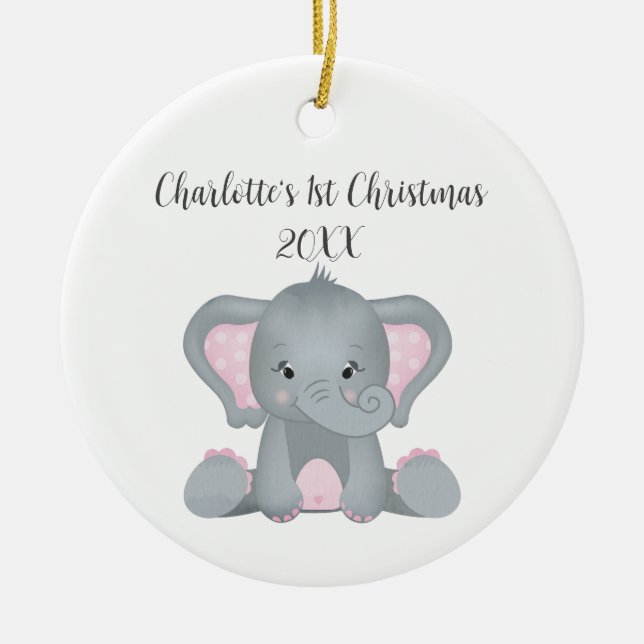 Personalized Baby Elephant Pink Baby 1st Christmas Ceramic Ornament (Front)