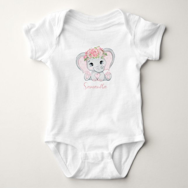 Personalized Baby Elephant Pink Girls Baby Shower  Baby Bodysuit (Front)