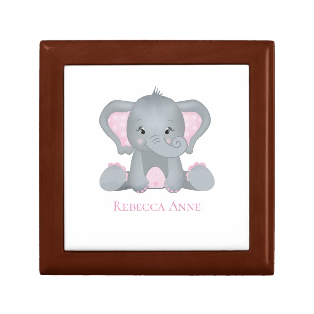 Personalized Baby Elephant Pink Gray Baby Girl Gift Box (Front)