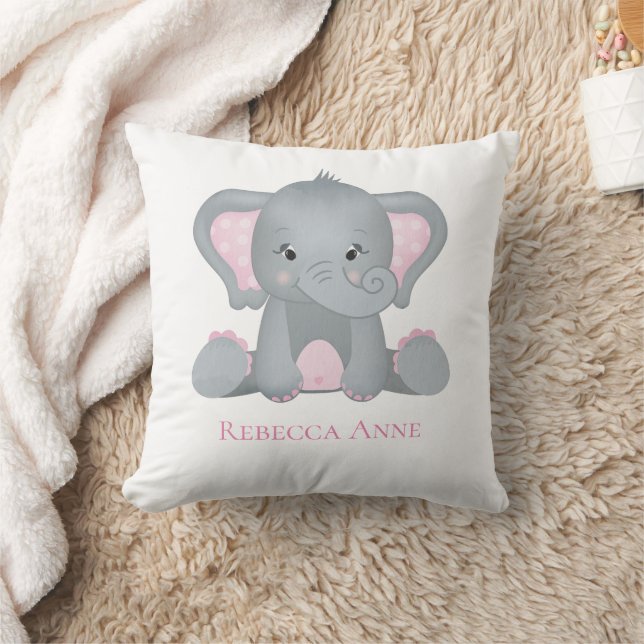 Personalized Baby Elephant Pink Gray Nursery  Throw Pillow (Blanket)