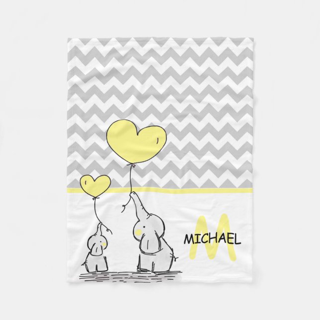 Personalized Baby Elephant Yellow Grey Chevron Fleece Blanket (Front)