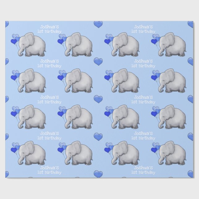 Personalized Baby Elephants 1st Kid Birthday Party Wrapping Paper (Flat)