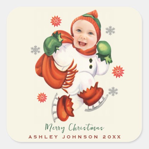Personalized Baby Face Photo Chubby Santa  Square Sticker