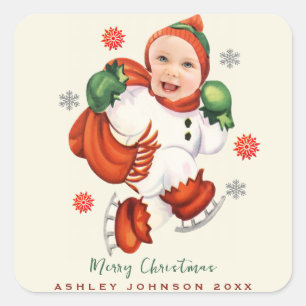 Personalized Baby Face Photo Chubby Santa Square Sticker