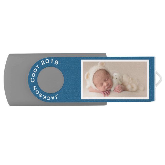 Personalized Baby Family Photo Blue 2 Sided USB Flash Drive (Front)