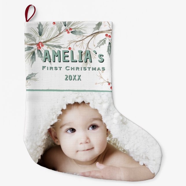 Personalized Baby First Christmas Berry Photo Large Christmas Stocking (Front)