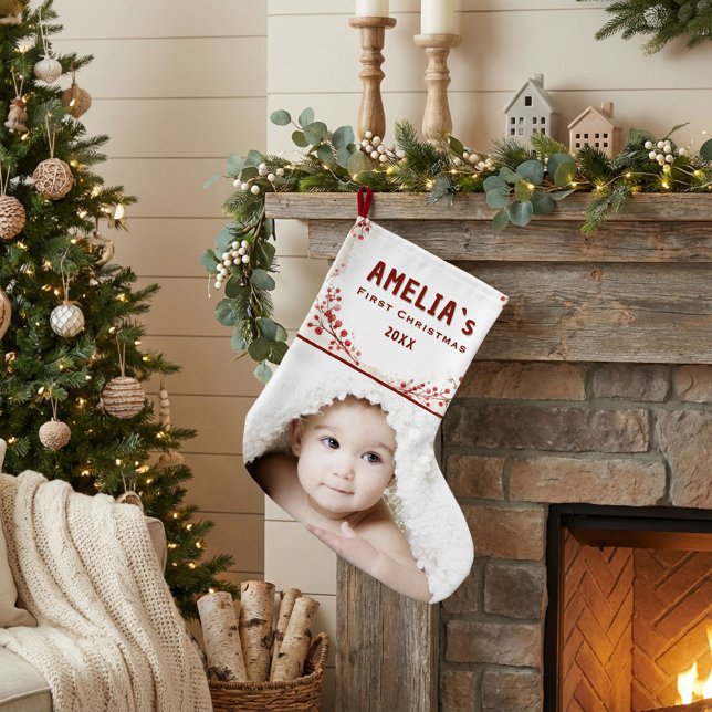 Personalized Baby First Christmas Berry Photo Large Christmas Stocking (Creator Uploaded)