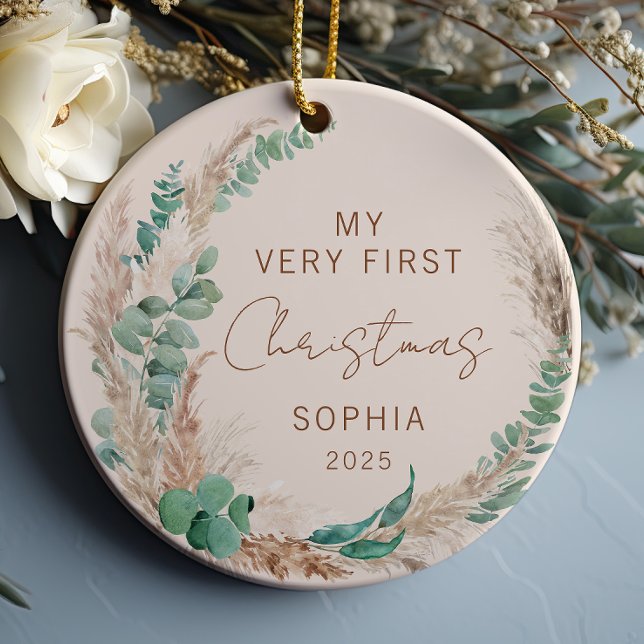 Personalized Baby First Christmas Boho Ceramic Ornament (Creator Uploaded)