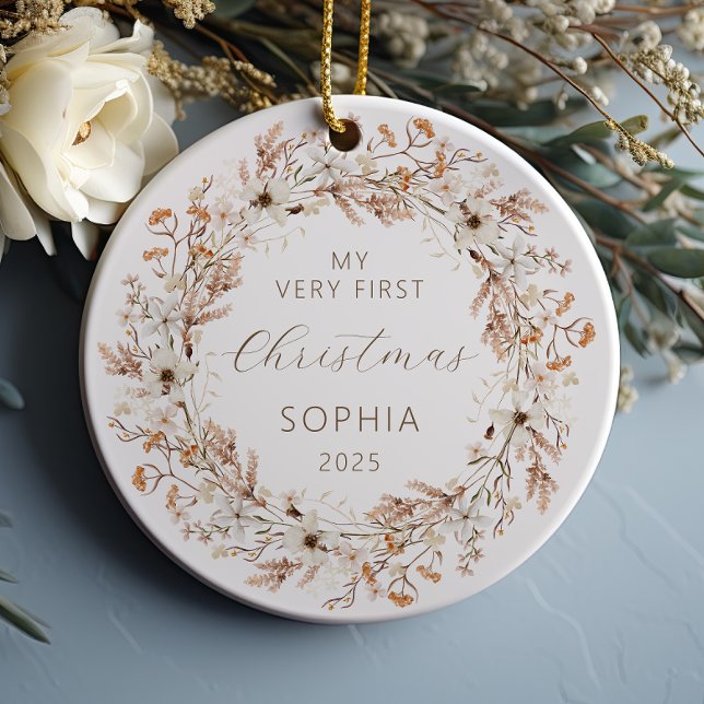 Personalized Baby First Christmas Boho Wildflowers Ceramic Ornament (Creator Uploaded)