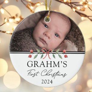 Personalized Baby First Christmas Festive Photo Ceramic Ornament