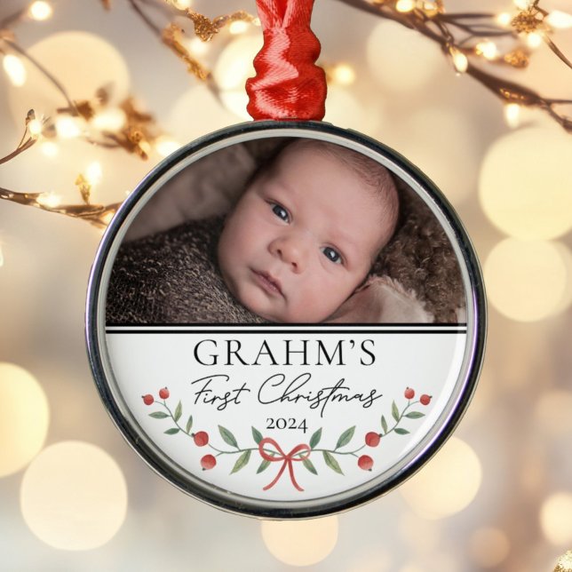 Personalized Baby First Christmas Festive Photo Metal Ornament (Creator Uploaded)