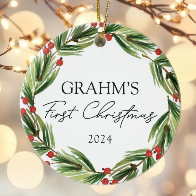 Personalized Baby First Christmas Festive Wreath Ceramic Ornament (Creator Uploaded)