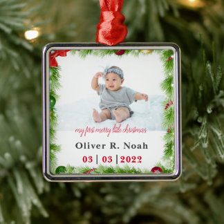 Personalized baby first christmas metal ornament