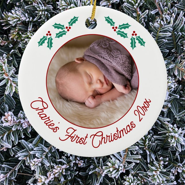 Personalized Baby First Christmas Photo Ceramic Ornament (Personalized baby name first Christmas year photo ornament)