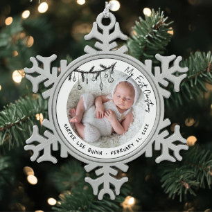 Personalized Baby First Christmas Photo Snowflake Pewter Christmas Ornament