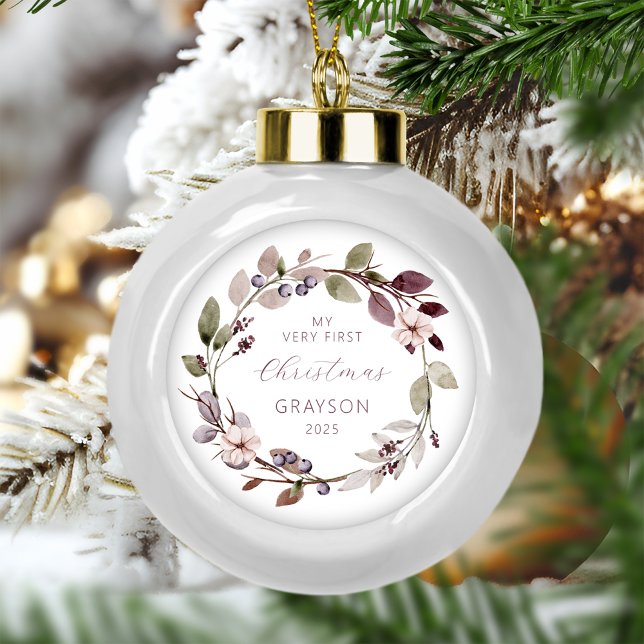 Personalized Baby First Christmas Purple Wreath Ceramic Ball Christmas Ornament (Creator Uploaded)