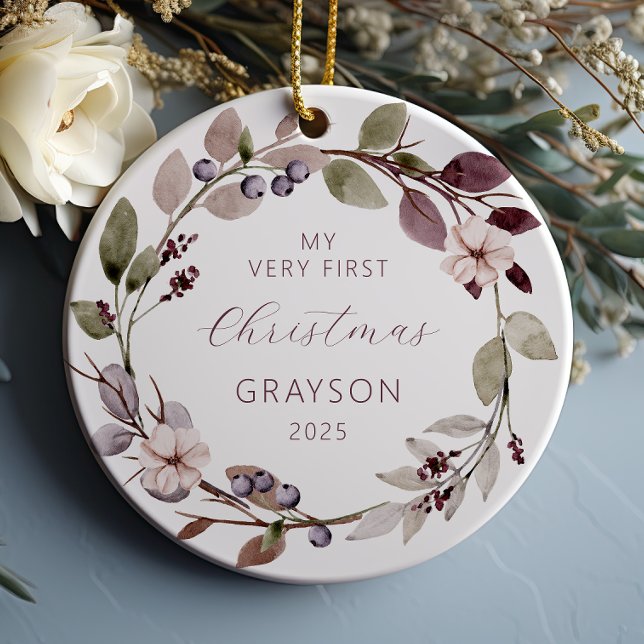 Personalized Baby First Christmas Purple Wreath Ceramic Ornament (Creator Uploaded)
