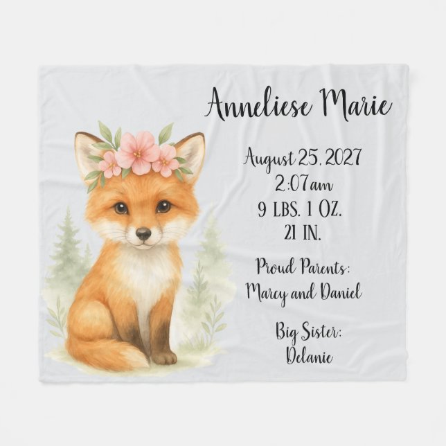 Personalized Baby Fox Birth Stats Girls' Nursery Fleece Blanket (Front (Horizontal))