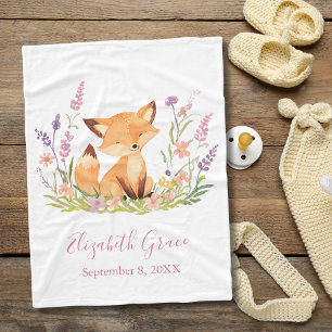 Personalized Baby Fox Wildflowers Pink Baby Fleece Blanket
