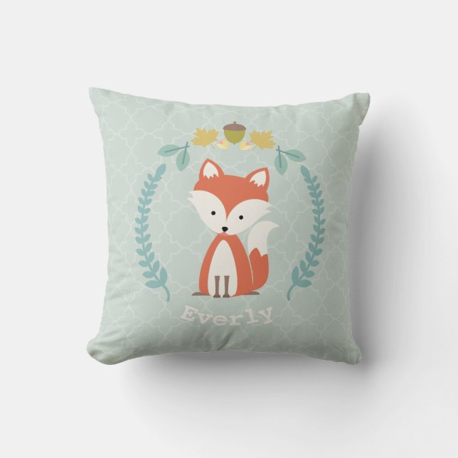 Personalized Baby Fox Wreath Pillow - Girl (Front)